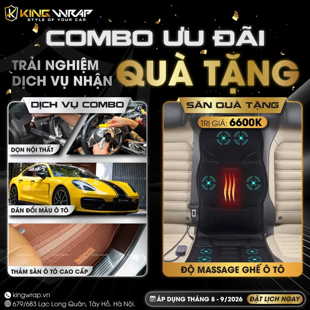 Combo dọn nội thất, dán đổi màu ô tô và thảm sàn cao cấp, tặng độ massage ghế
