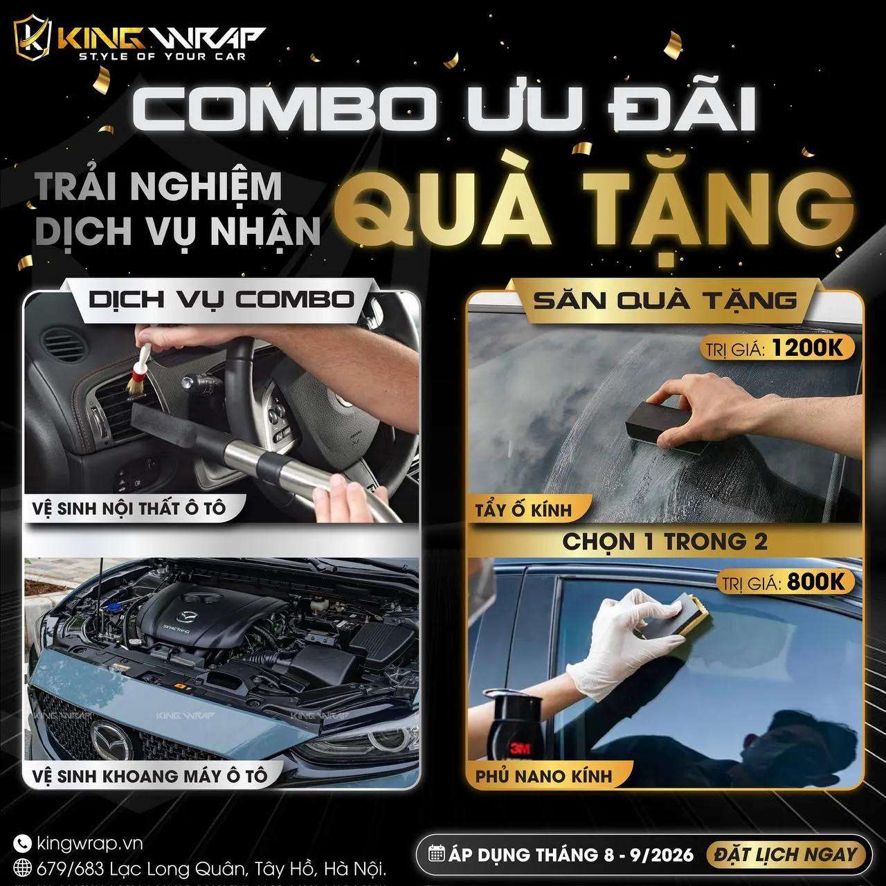 Combo vệ sinh nội thất và vệ sinh khoang máy ô tô, tặng tẩy ố kính hoặc phủ nano kính